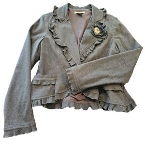 soft ruffle trim peplum blazer size 8 fitted jacket romantic 2010's twee grey